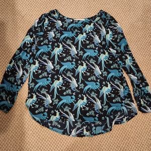 LOFT Peacock Bird Pattern Long Sleeve Pleated Back Blouse Sz LARGE